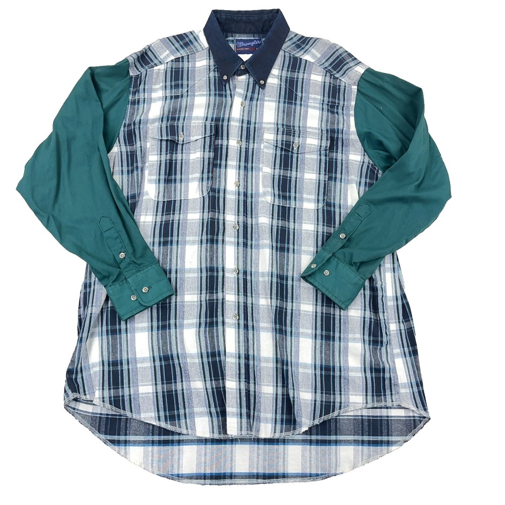 Vintage Wrangler Western Shirt Men 18 36 Green Plaid Button Long Tail 90s‎ USA